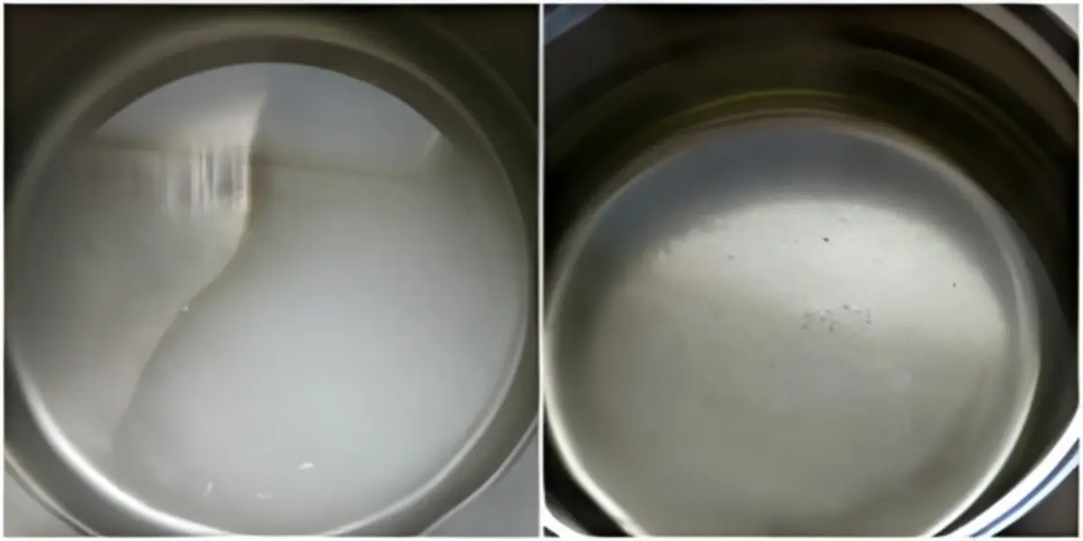 A side-by-side view of sugar syrup at the start and after dissolving for poaching the pears.