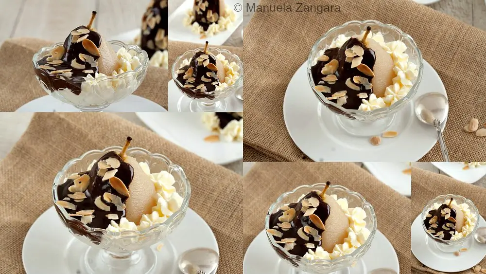A collage of Poire belle Hélène desserts showing poached pears covered in chocolate sauce with toasted almonds and whipped cream.