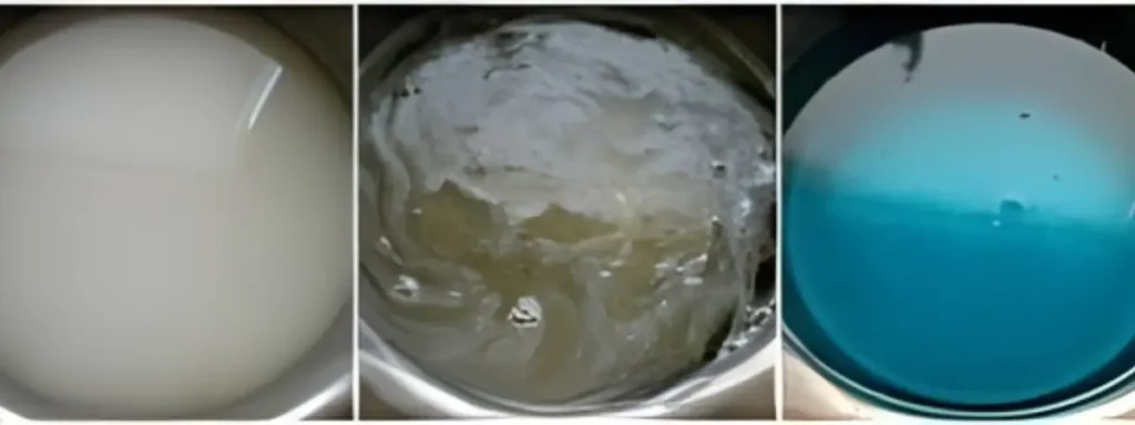 Three stages of sugar syrup: dissolved sugar, simmering syrup, and tinted blue mixture.