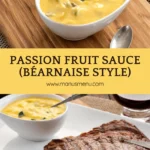 Grilled steak served with passion fruit Béarnaise sauce in a small bowl.