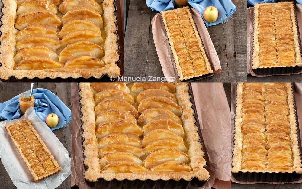 Dough rolled and fitted neatly inside the rectangular tart tin, ready for filling with apple slices.
