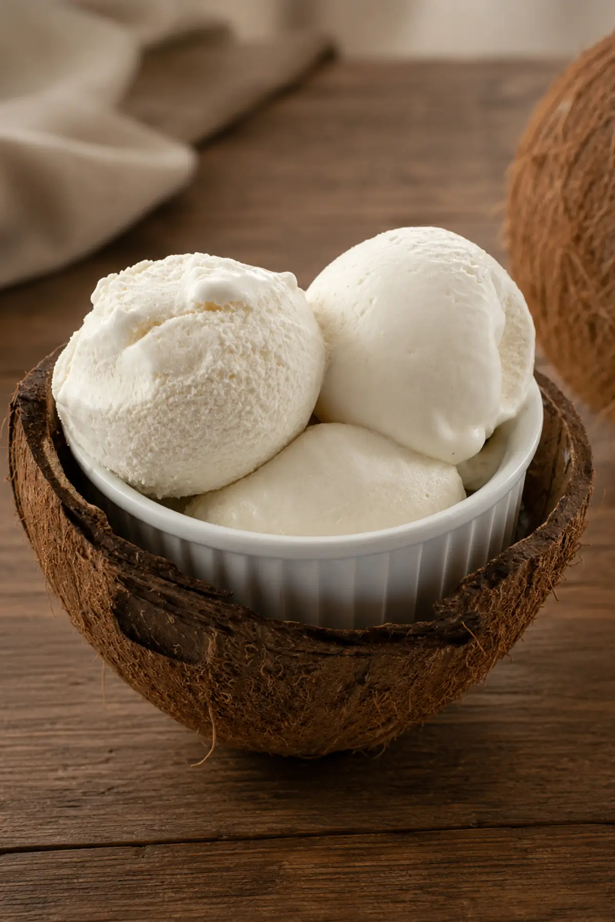 Coconut ice cream served as three scoops in a white ramekin nestled inside a coconut shell.