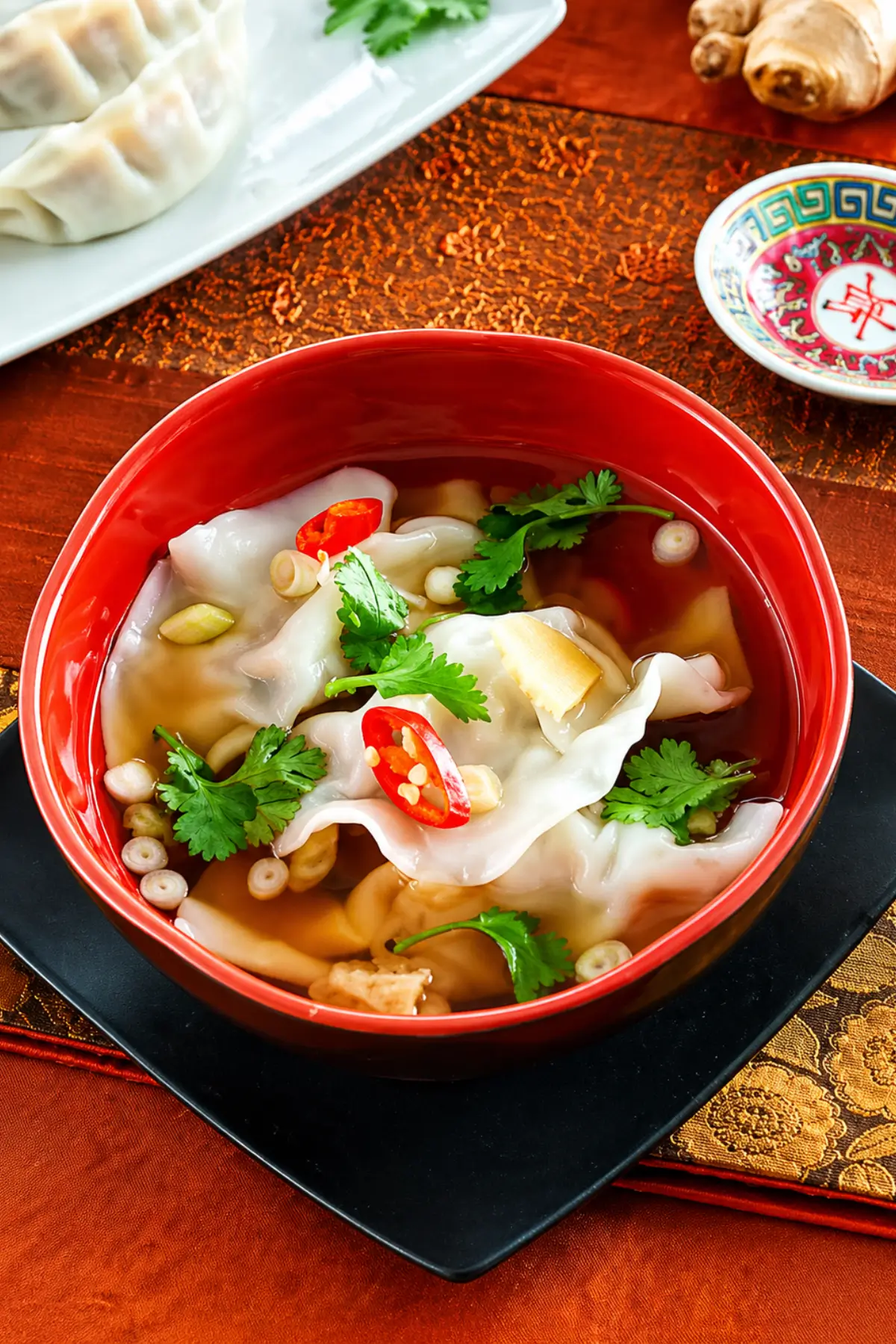 Red bowl filled with dumpling soup topped with coriander, chilli, and sliced spring onions.