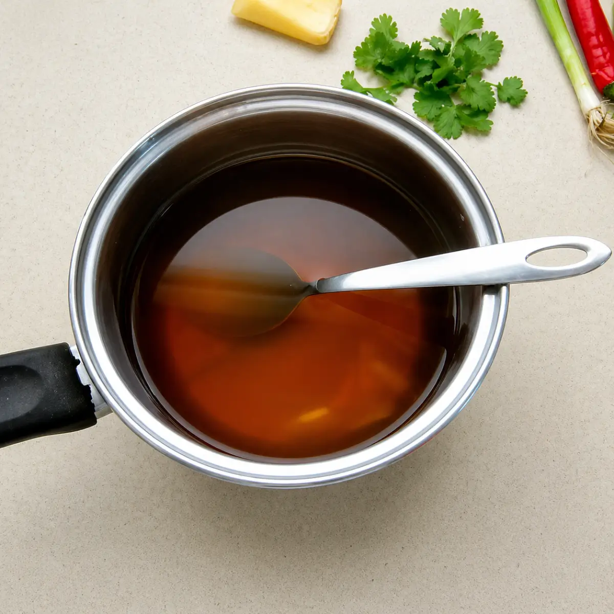 Ginger broth simmering in a saucepan with coriander, chilli, and spring onions nearby.