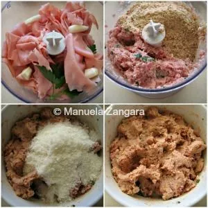 Mixing sausage, mortadella, garlic, breadcrumbs, and cheese to make the Casoncelli filling.
