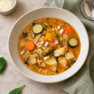 Bowl of minestrone with rice, white beans, pumpkin, potatoes, carrots and zucchini.