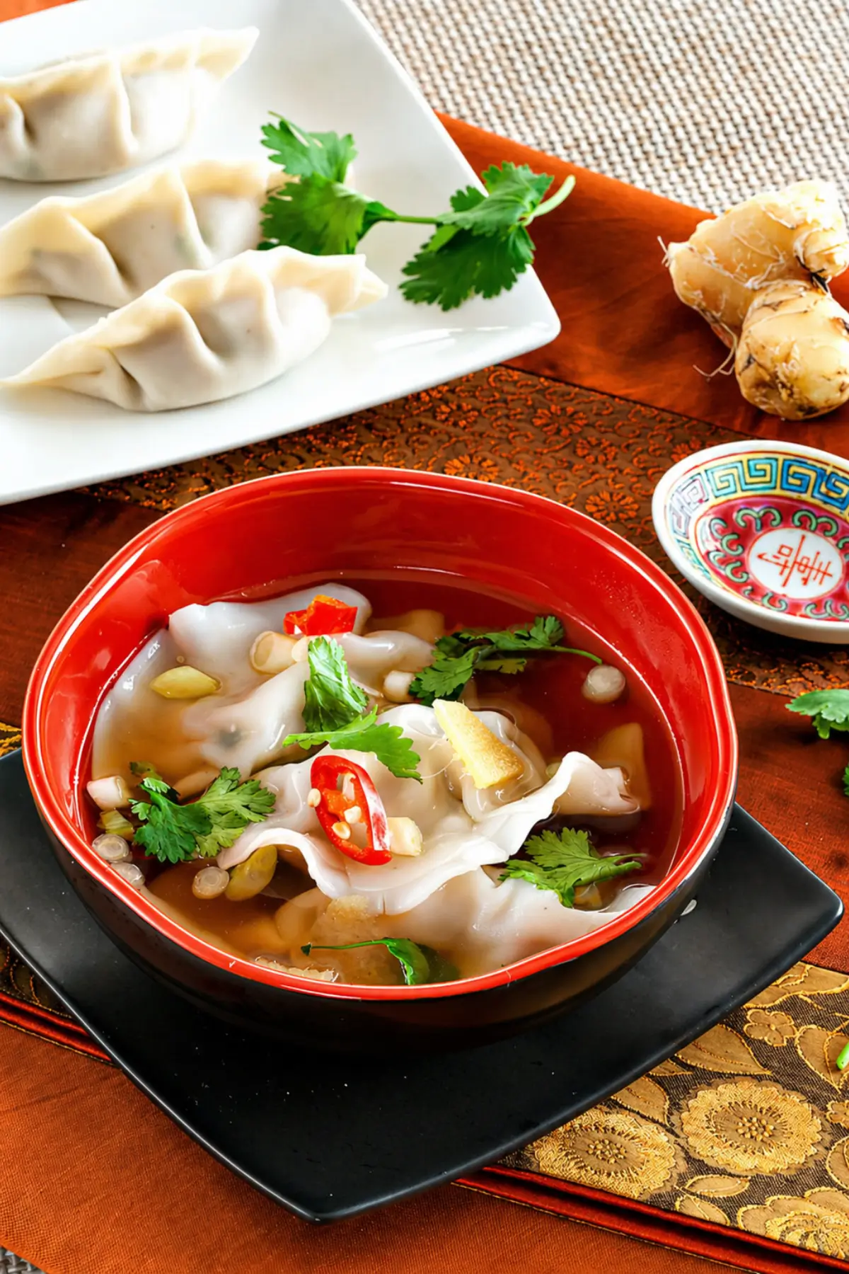Momos in savoury broth topped with coriander, chilli, and sliced spring onions.