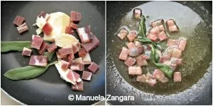 Pancetta cubes and sage leaves cooking in melted butter in a frying pan.