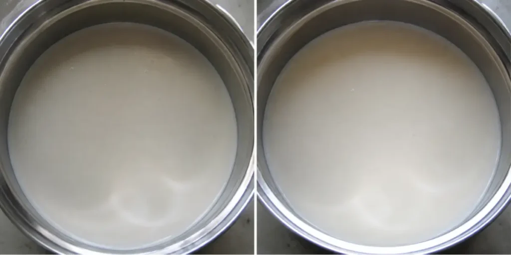 Coconut ice cream base gently simmering in a saucepan before chilling.