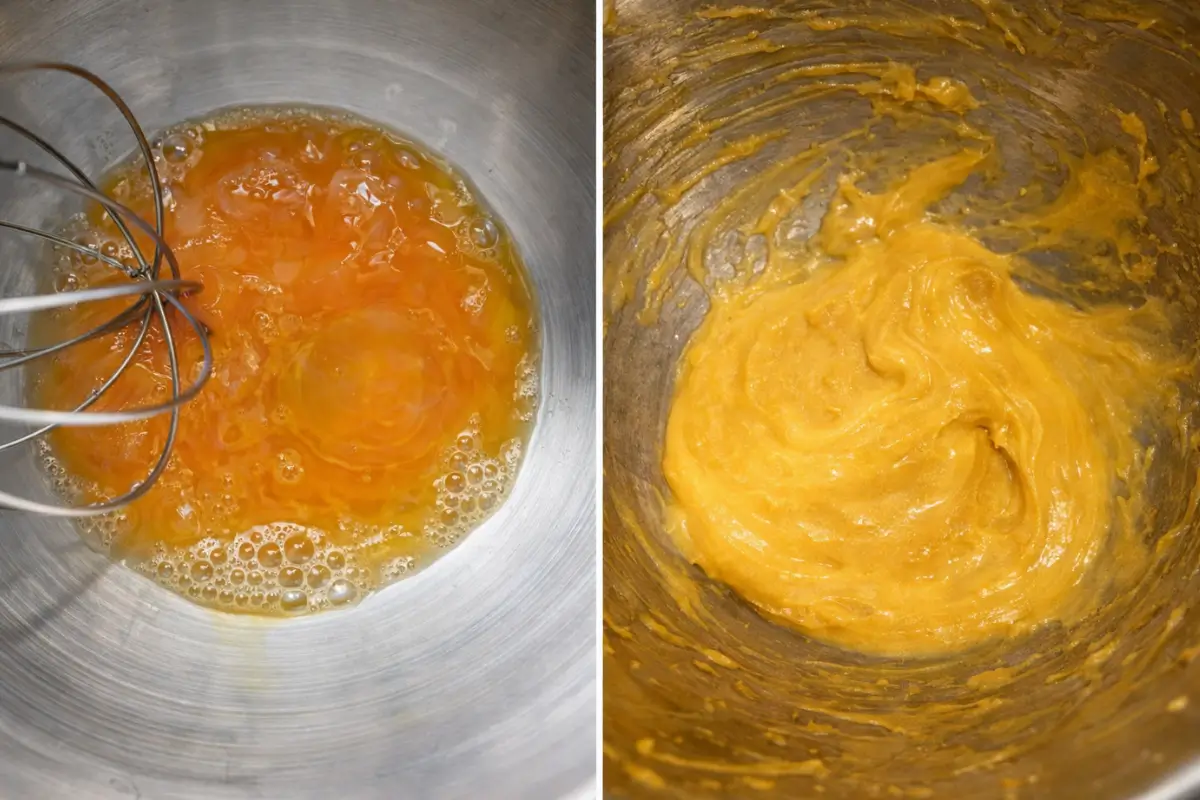 Egg mixture being whisked and thickened into a smooth sauce.