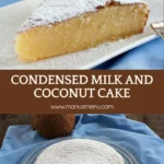 Slice of moist condensed milk and coconut cake topped with icing sugar on a white plate.