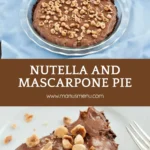 Nutella and Mascarpone Pie in a glass dish topped with chopped toasted hazelnuts.