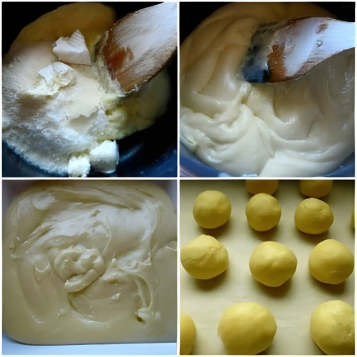 Cheese mixture thickening and rolled into small balls.