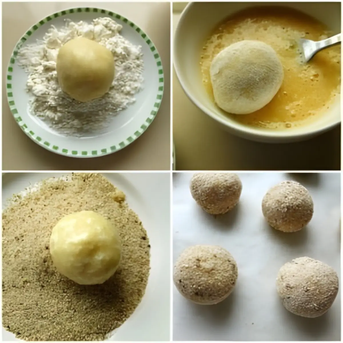 Bitterballen being coated in flour, egg, and breadcrumbs before frying.