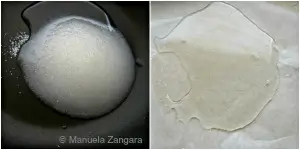 Homemade caramel sugar glass cooling on parchment paper for broken glass cupcakes.