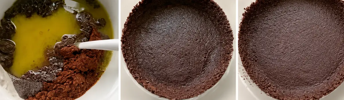 Chocolate biscuit crumbs mixed with melted butter and pressed into a pie dish.