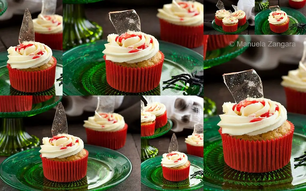 Collage of bloody broken glass cupcakes decorated with sugar shards and red syrup.
