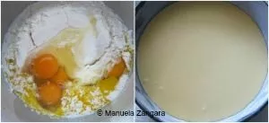 Eggs, flour, and condensed milk in a bowl before mixing for the coconut cake.