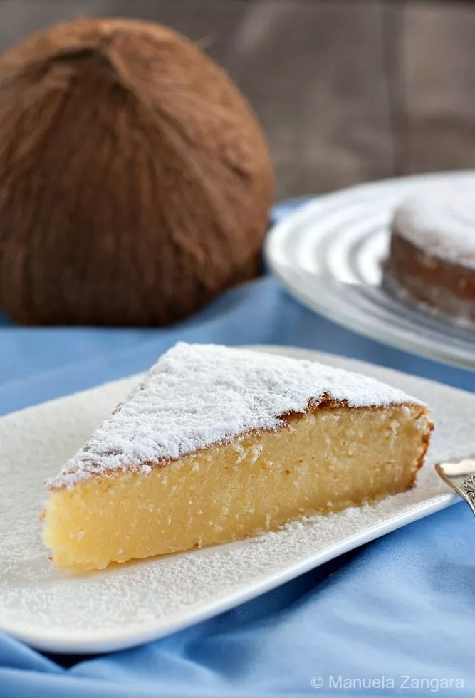 Close-up of a slice of condensed milk and coconut cake.