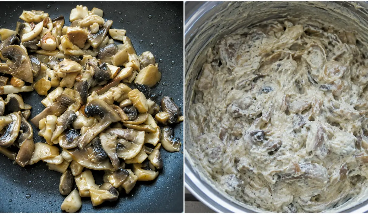 Cooked mushrooms in a pan and creamy béchamel mushroom filling.