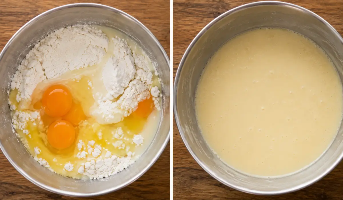 Eggs, flour and other cake ingredients before mixing, alongside the smooth mixed batter.