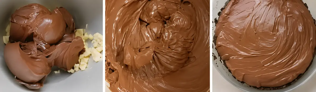 Nutella and mascarpone mixture being prepared and spread into a chocolate crust.