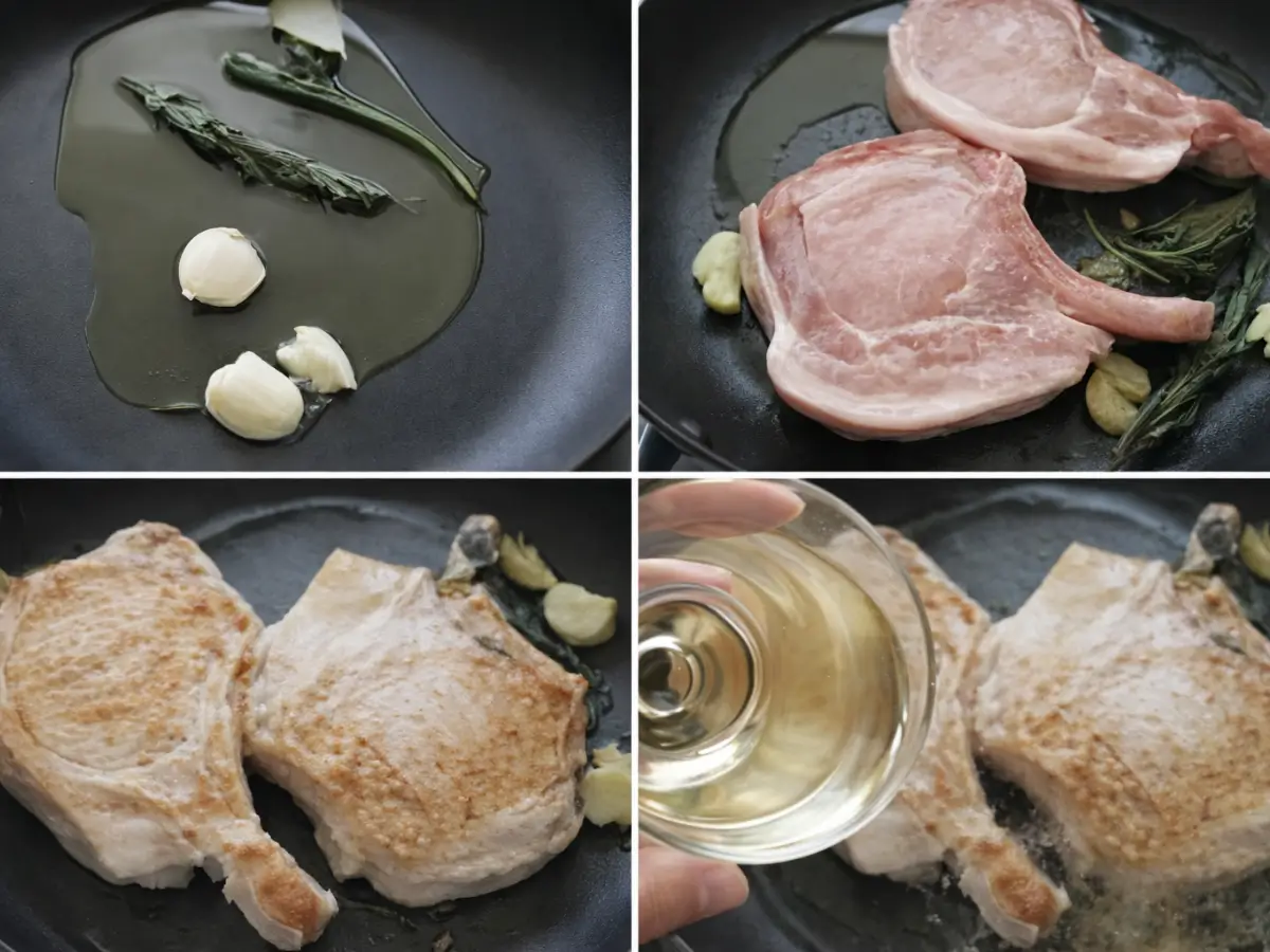 Collage showing garlic and herbs in olive oil, pork browning in a pan, and white wine being added.