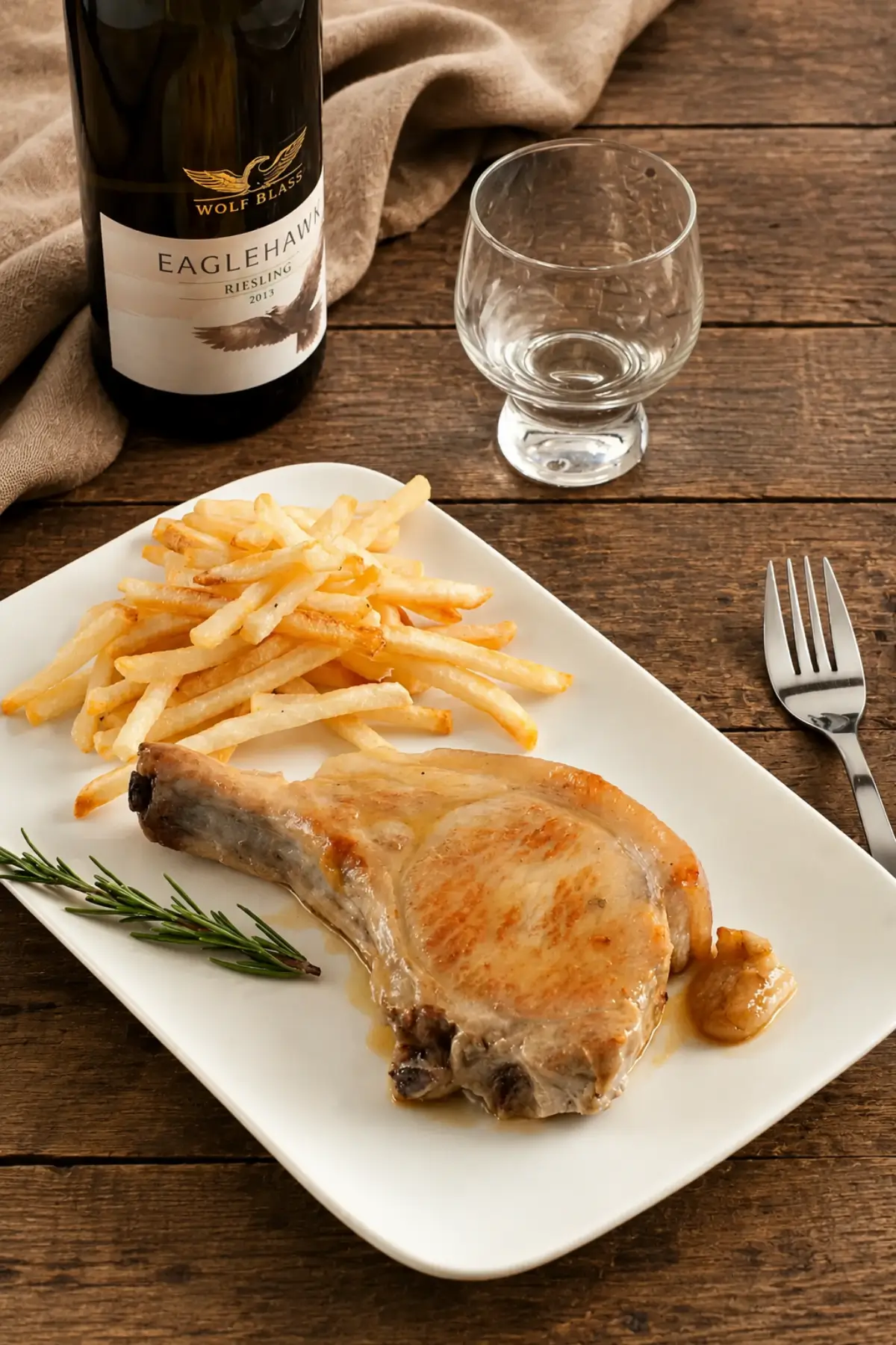 Pan-Fried Pork Loin Cutlets served with fries, rosemary, a wine bottle and a wine glass.