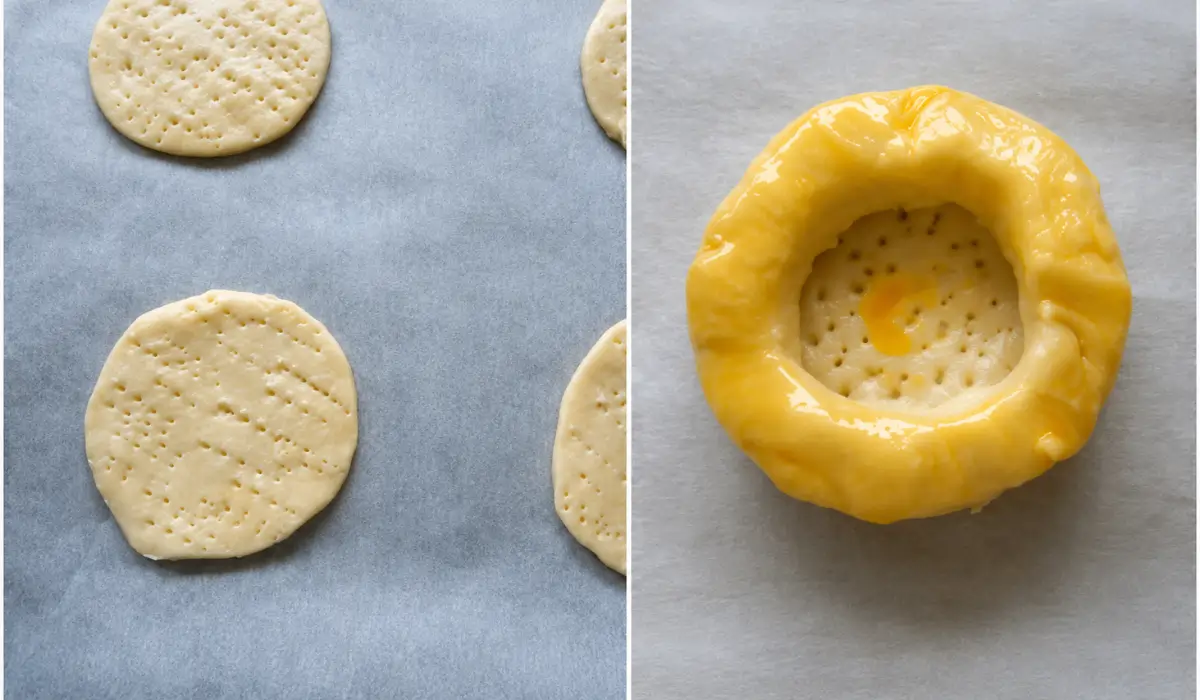 Puff pastry bases pricked with a fork and assembled with egg wash for vol au vents.