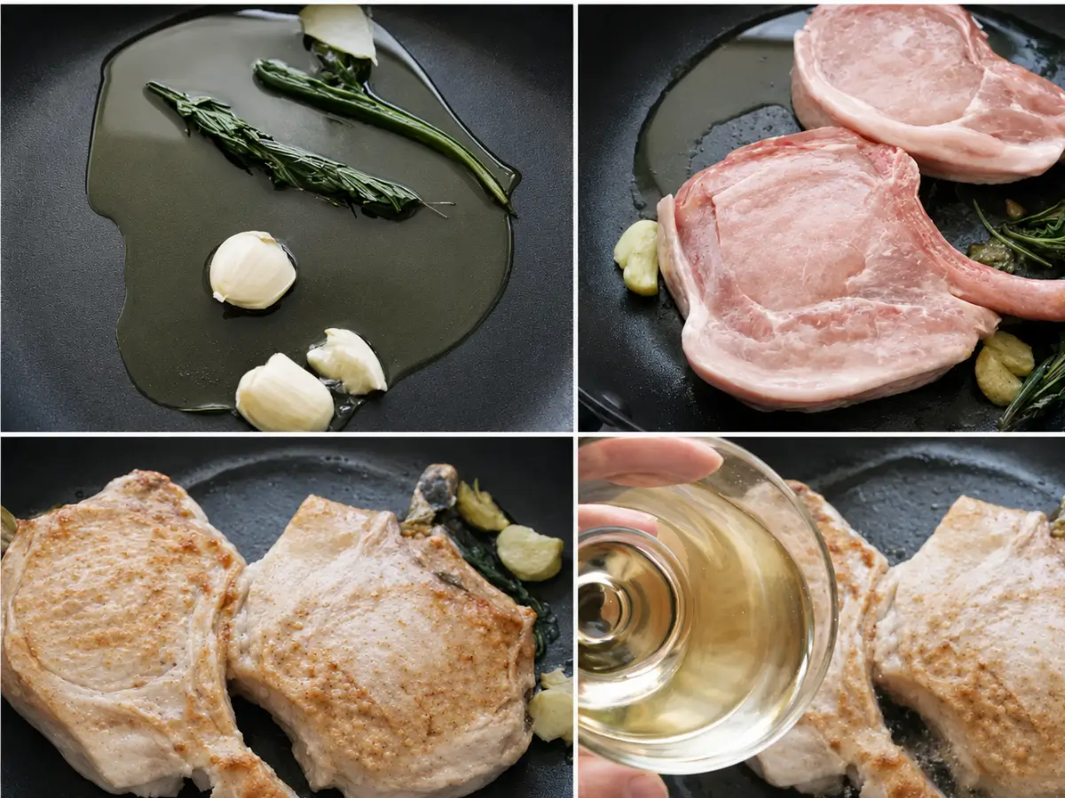Pork loin cutlets cooking with garlic, rosemary and white wine in a frying pan.
