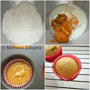 Mixing pumpkin cupcake batter and baking until golden in pink liners.