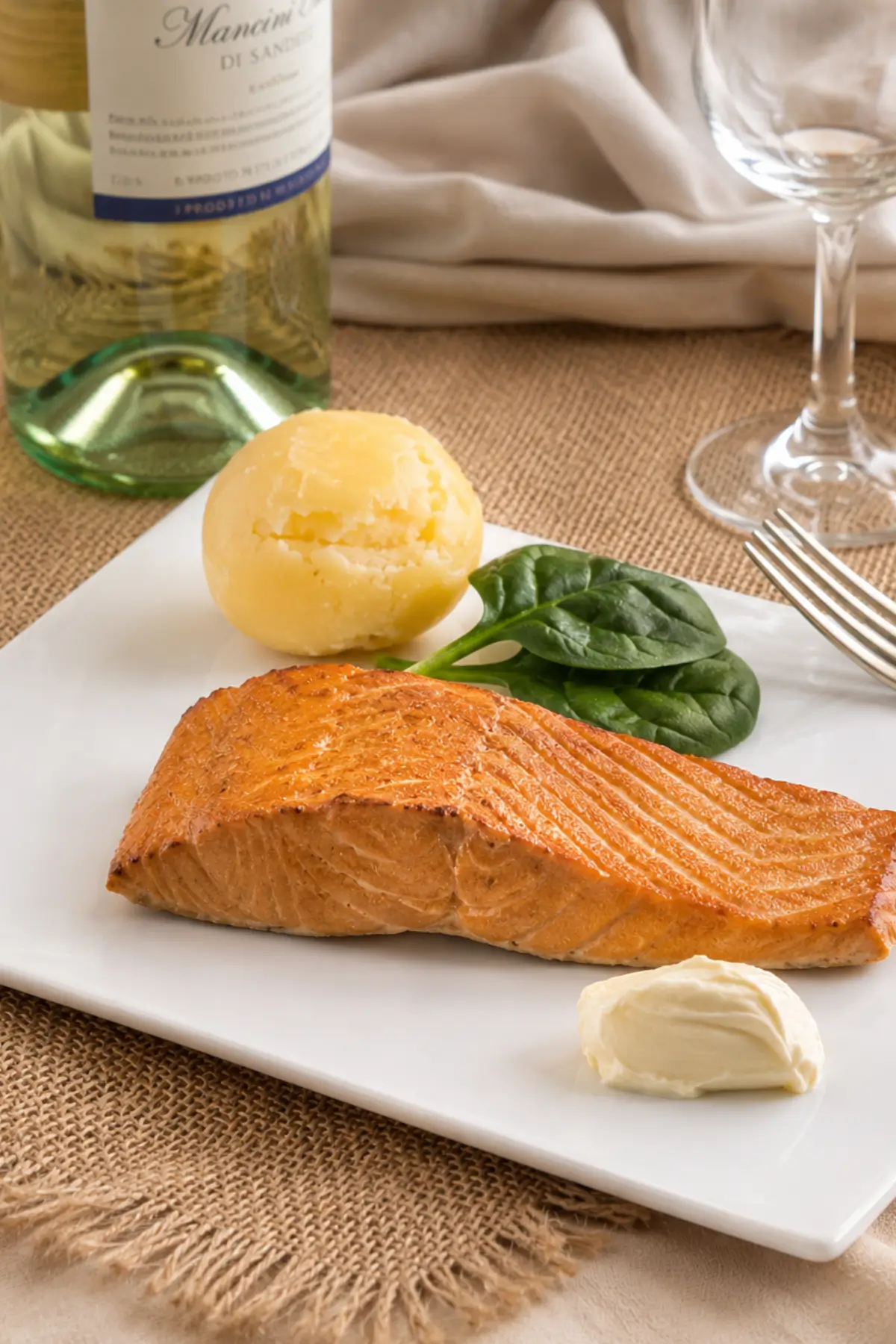 Smoked salmon fillet served with a boiled potato and aioli beside fresh spinach leaves.