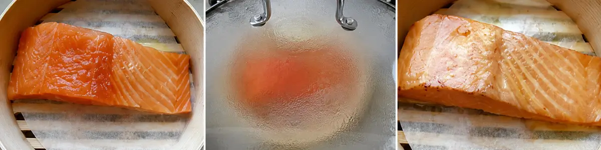 Salmon fillet inside a bamboo steamer before and after stovetop tea smoking.