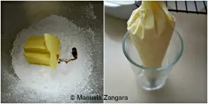 Butter and icing sugar for vanilla buttercream frosting in broken glass cupcakes recipe.