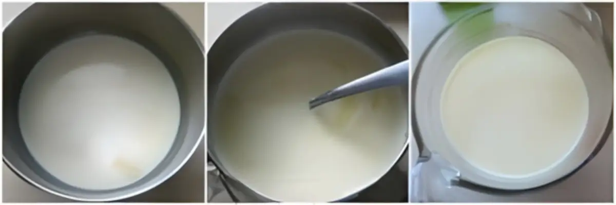 Heating milk and chocolate in a saucepan, then mixing to create the liqueur base.