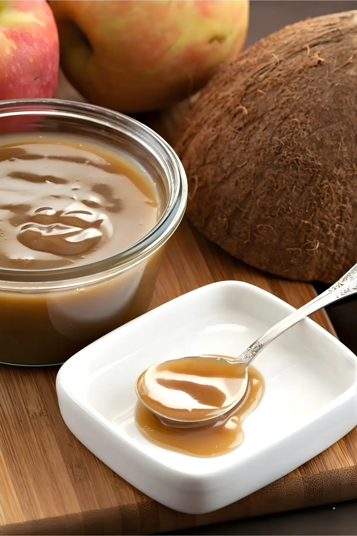 Spoonful of coconut caramel sauce on a small dish with a jar nearby.