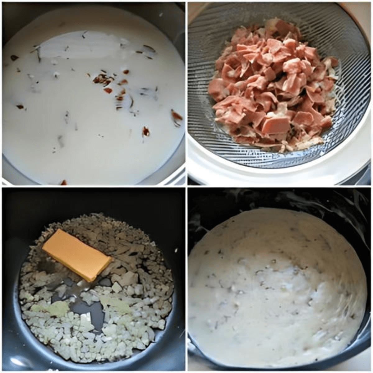 Collage showing Serrano ham simmering in milk, the drained ham, onions sautéing with butter, and the béchamel mixed with ham.