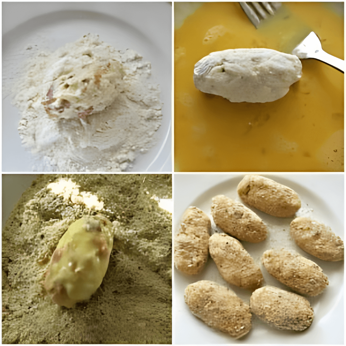 Collage showing croquettes being shaped, coated in flour, dipped in egg, rolled in breadcrumbs, and arranged on a plate.