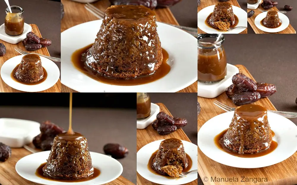 Collage of sticky date pudding served with rich butterscotch sauce.