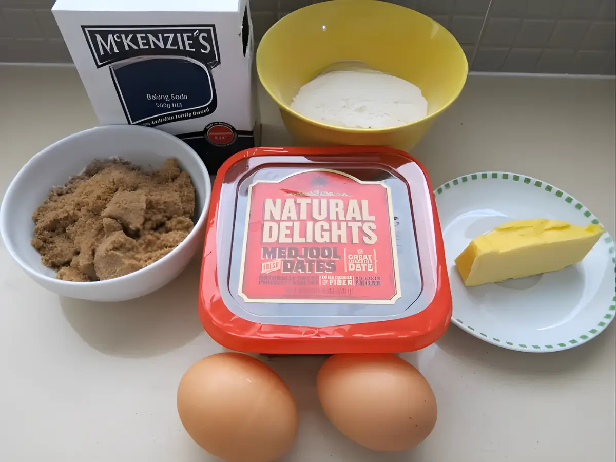 Baking ingredients prepared for making sticky date pudding.