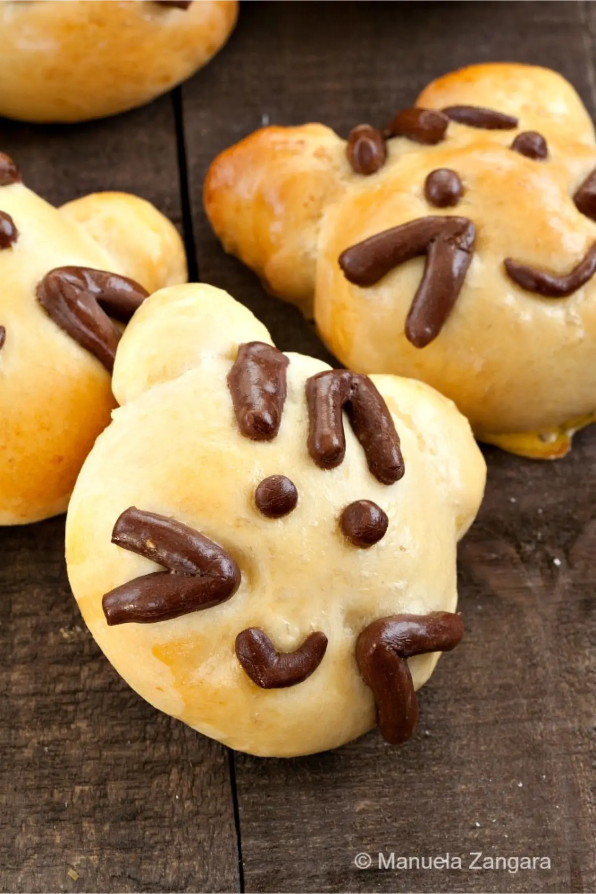 Close-up of a baked cat-shaped bread bun with chocolate dough details.