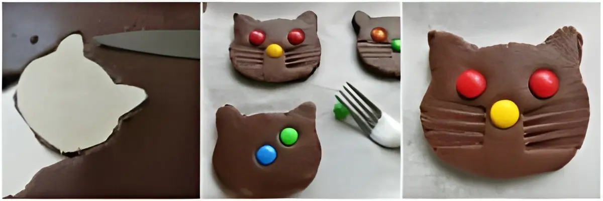 Process collage showing cutting the cat-shaped cookie, adding candy features, and marking whiskers with a fork.