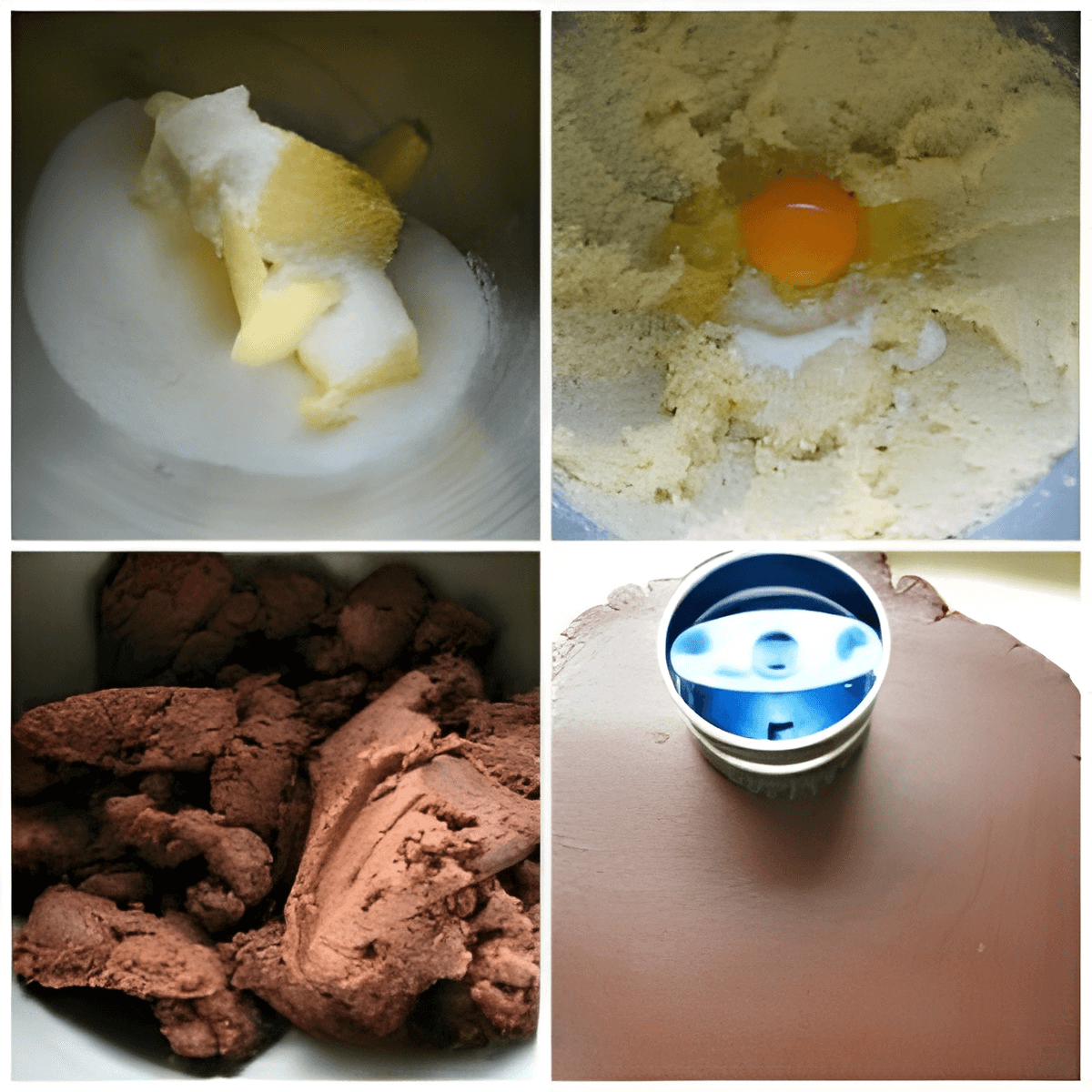 Collage showing creaming butter and sugar, adding the egg, forming the chocolate dough, and rolling it out for cutting.