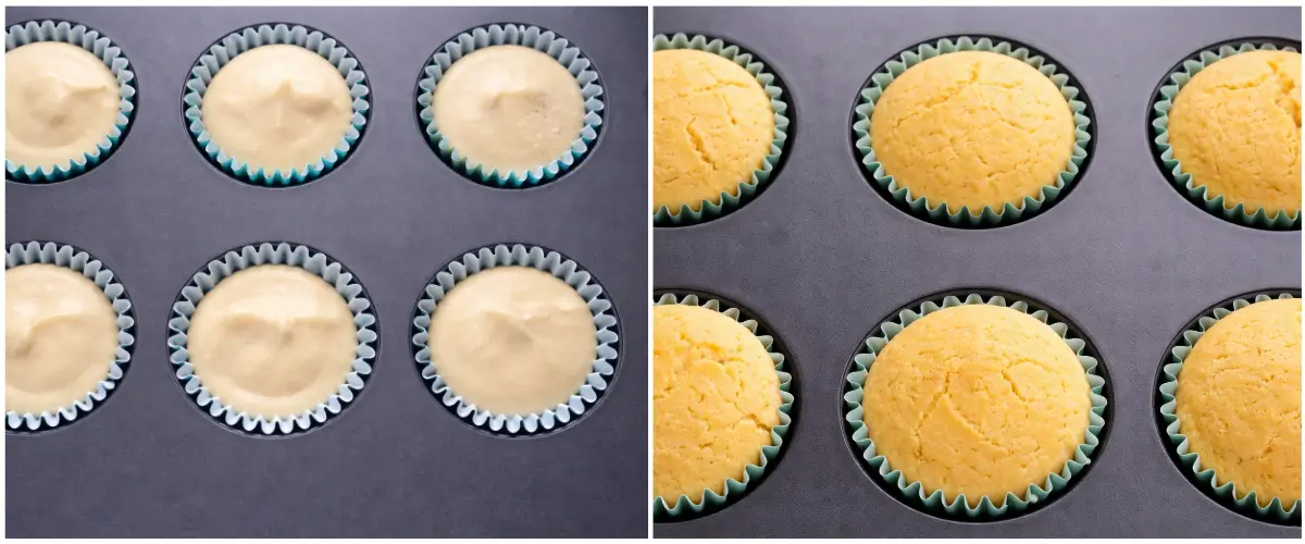 Cupcake batter in liners before baking and golden cupcakes after baking in a muffin tray.