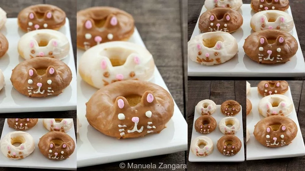 Collage of decorated kitty cat doughnuts with chocolate and white glaze.