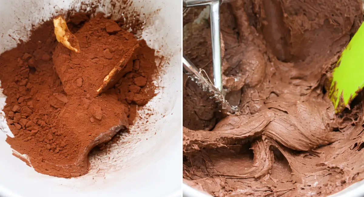 Cocoa powder and Nutella being mixed into a smooth chocolate icing with a spatula.