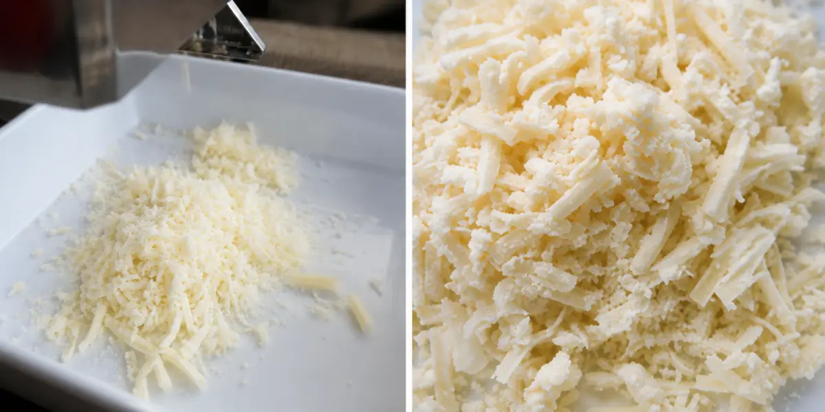 Fresh mozzarella being shredded for Mozzarella Sausage with Sun Dried Tomatoes.