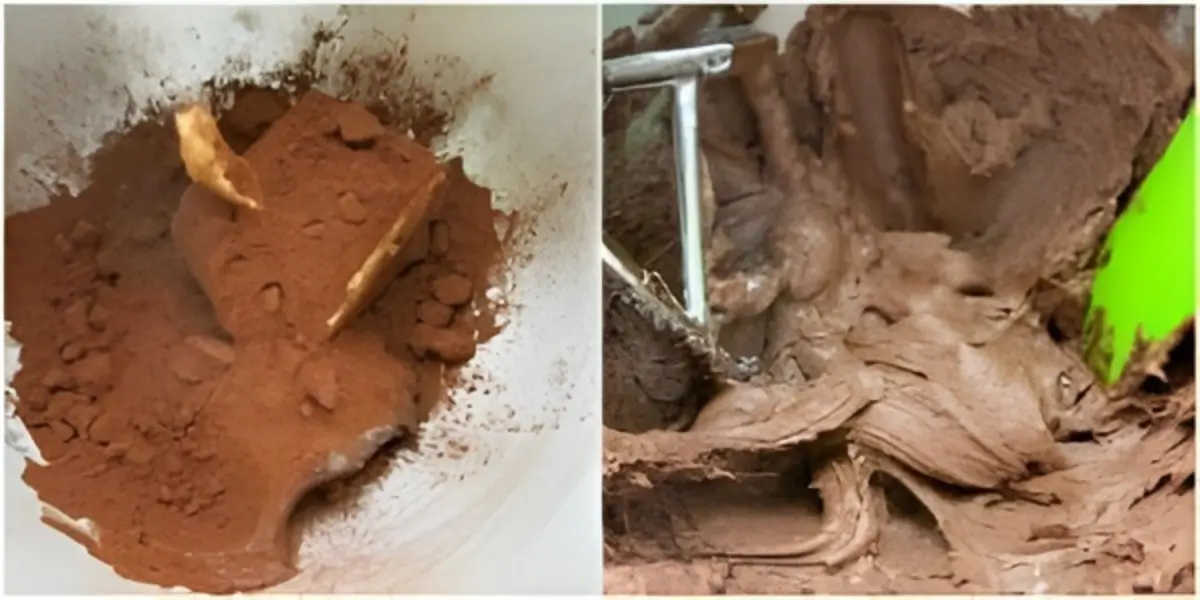 Cocoa powder added to Nutella icing in a mixing bowl.