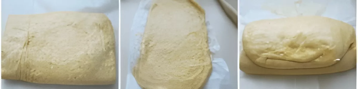 Three-photo collage showing the dough being folded into thirds to create a 3-fold turn during the layering process.