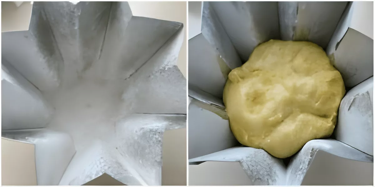 Side-by-side photo showing a greased and floured Pandoro tin next to the shaped dough placed inside before proofing.